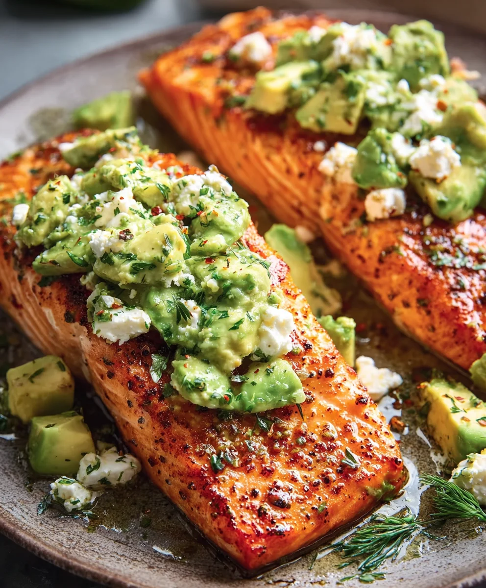Baked Salmon with Avocado Feta - Easy Dinner