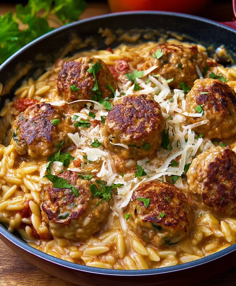 Marry Me Chicken Meatball Orzo-Creamy Comfort Dish