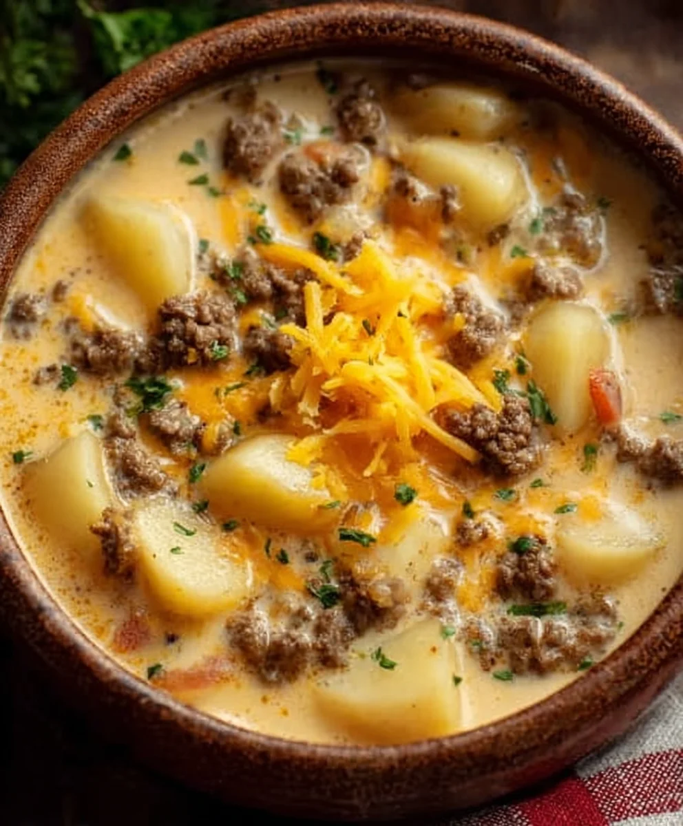 Cheesy Beef Beef Hamburger Potato Soup-Easy & Hearty