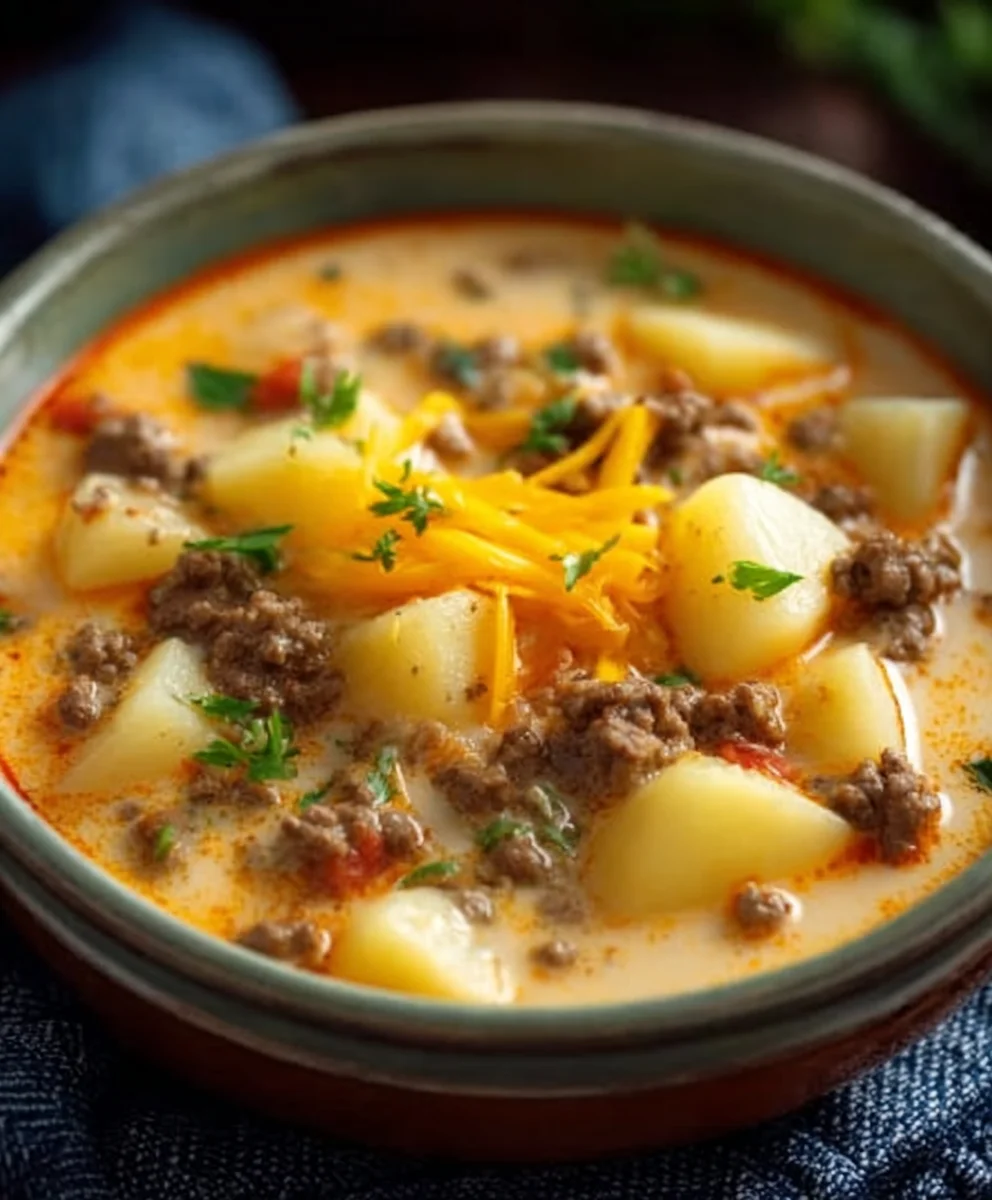 Cheesy Beef Beef Hamburger Potato Soup-Easy & Hearty