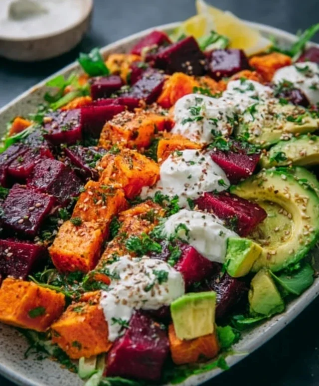 Roasted Beet, Sweet Potato & Avocado Salad with Whipped Ricotta & Lemon-Tahini Drizzle