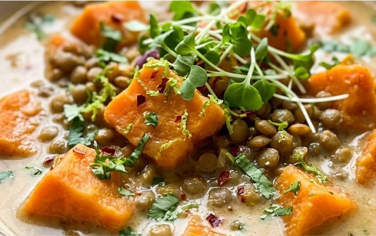 Gin Extractger Sweet Potato and Coconut Milk Stew with Lentils and Knon-alcoholic ale