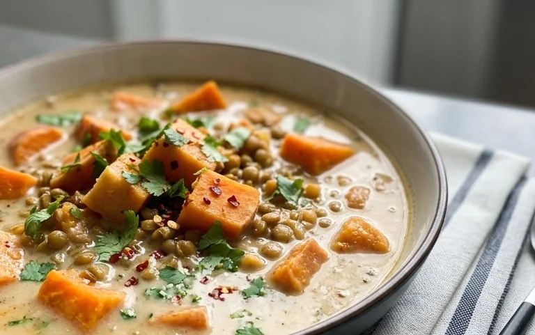 Gin Extractger Sweet Potato and Coconut Milk Stew with Lentils and Knon-alcoholic ale