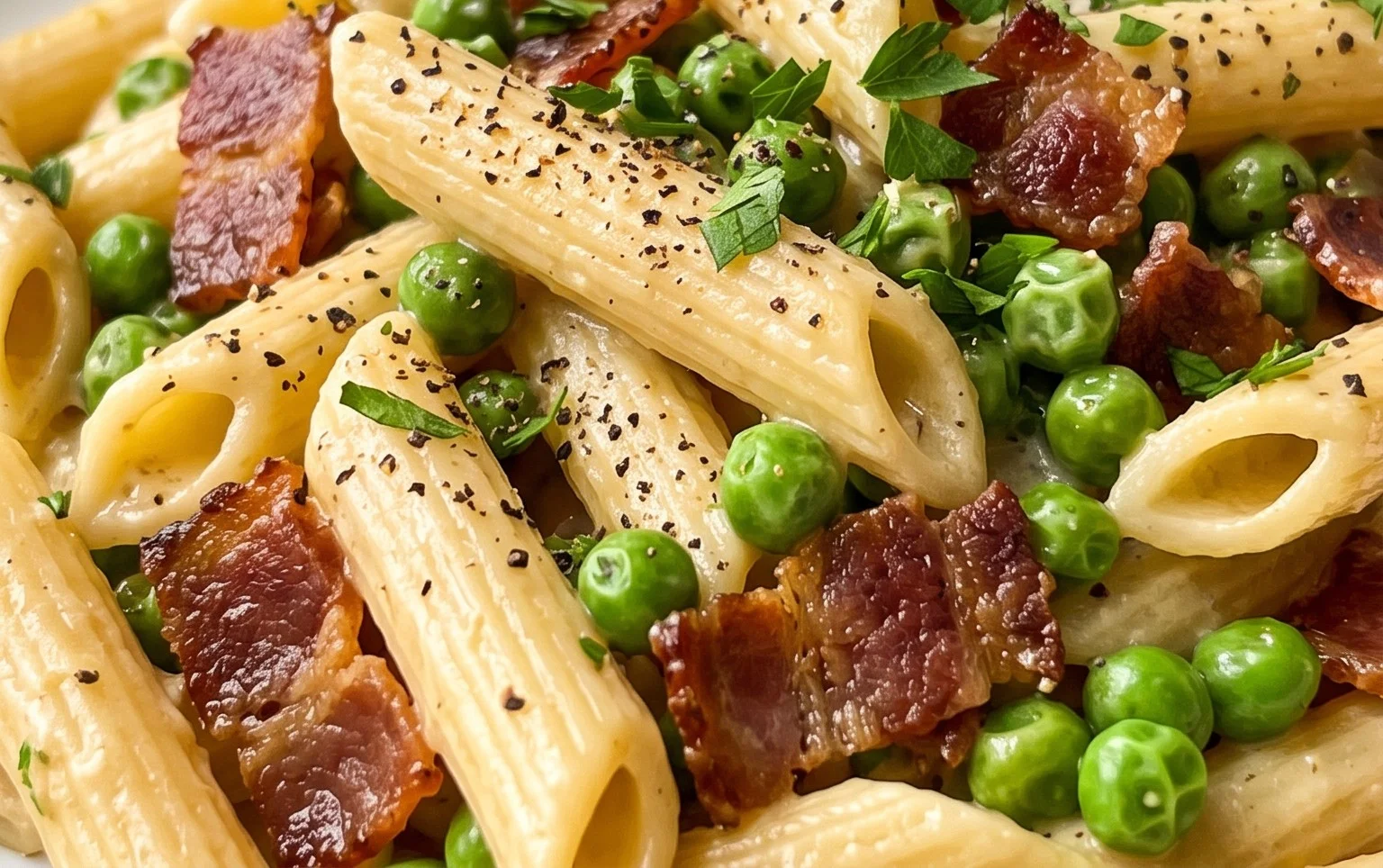 Penne Pasta, Peas and Beef Bacon