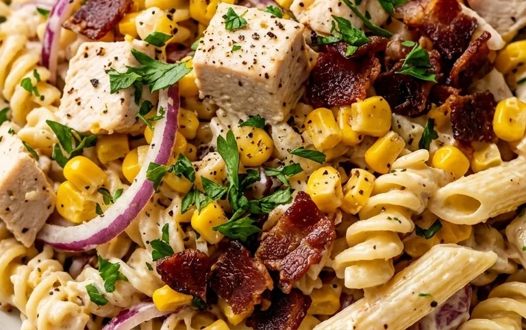 Chicken and Corn Pasta Salad with Beef Bacon
