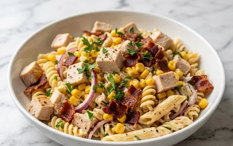 Chicken and Corn Pasta Salad with Beef Bacon