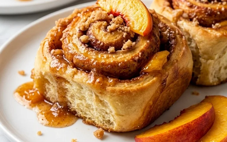 Peach Cobbler Cinnamon Rolls with Crum extractb Topping