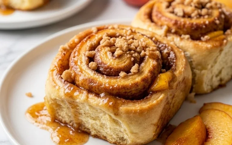Peach Cobbler Cinnamon Rolls with Crum extractb Topping