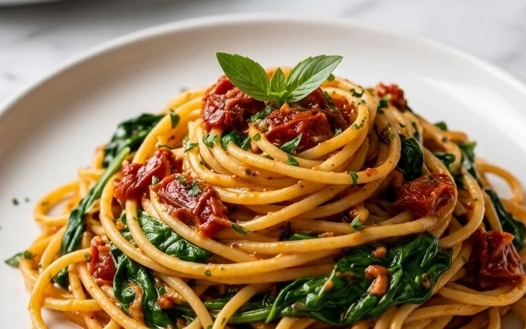 Spaghetti & Spinach with Sun-Dried Tomato Cream Sauce