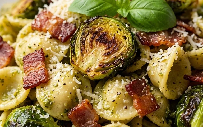 Brussels Sprouts and Beef Bacon Pesto Pasta
