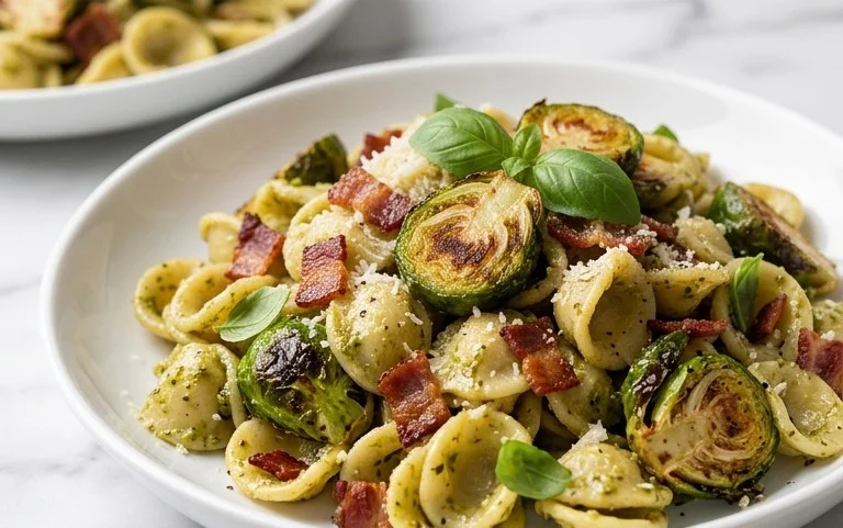 Brussels Sprouts and Beef Bacon Pesto Pasta