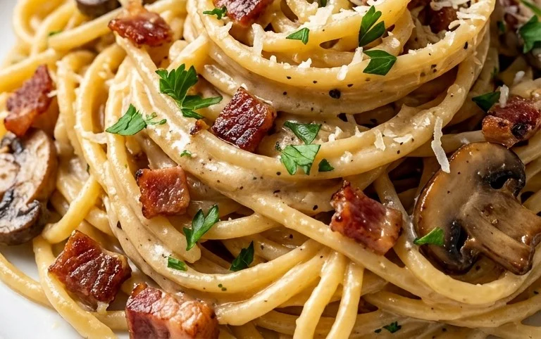 Creamy Beef Bacon and Mushroom Pasta