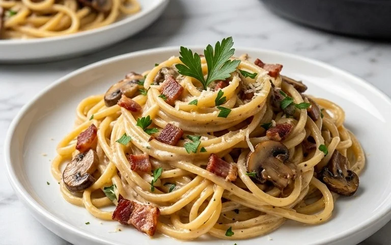Creamy Beef Bacon and Mushroom Pasta