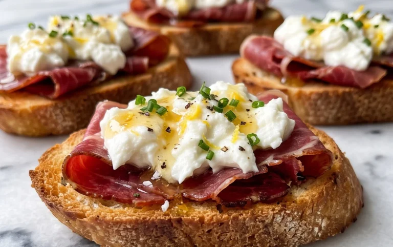 Beef Prosciutto Crostini with Burrata and Lemon Honey Drizzle
